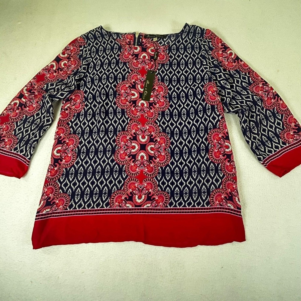Rose & Olive Blouse Womens Medium Red Geometric Medallion Boho Lightweight‎ Top